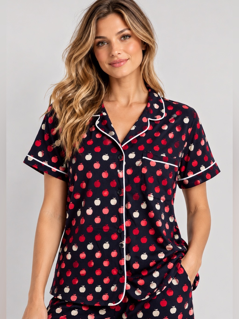 Kate Spade Pajama Top Only NEW Navy Pink Red Apples short sleeve Medium